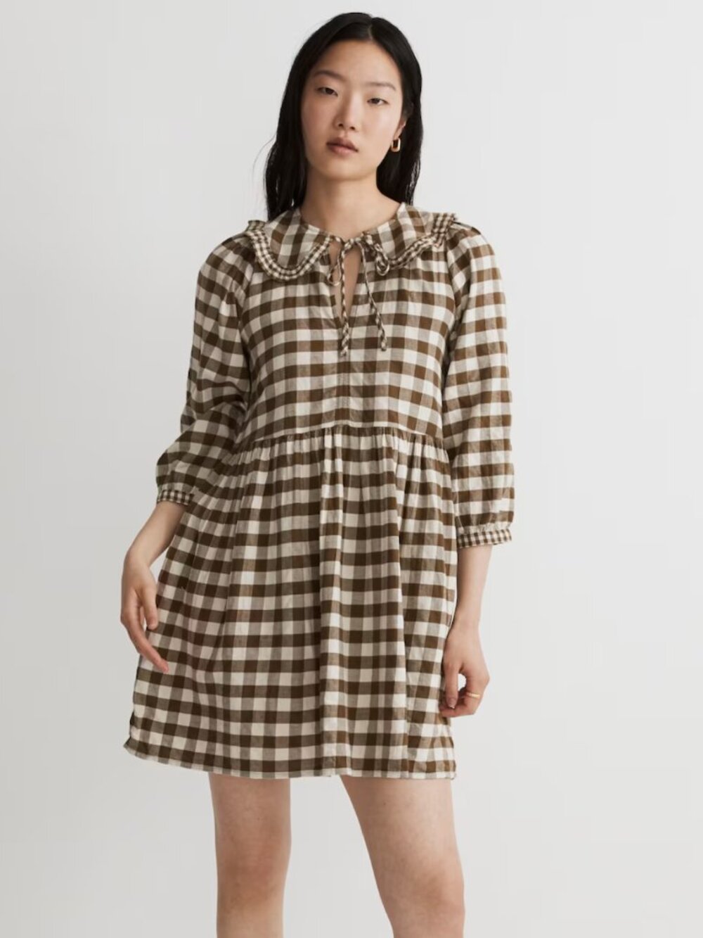 Madewell Olive and White Gingham Smock Dress